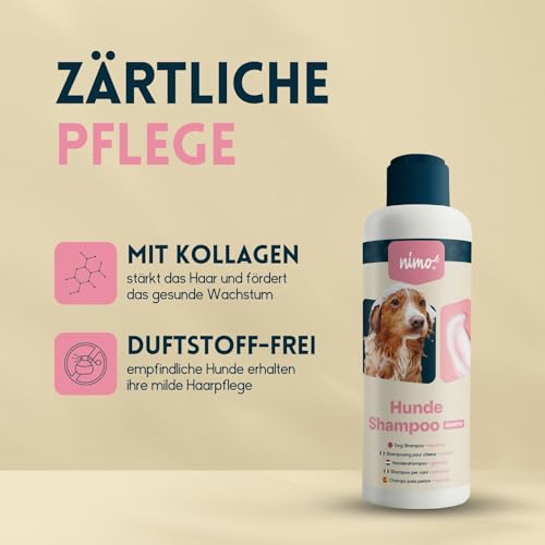 nimo® Hunde Shampoo sensitiv | ohne Duftstoffe & pH-Neutral mit Kollagen | für alle Hunderassen und Sensible, allergische Hunde | für bessere Kämmbarkeit & glänzendes Fell, 100% tierleidfrei