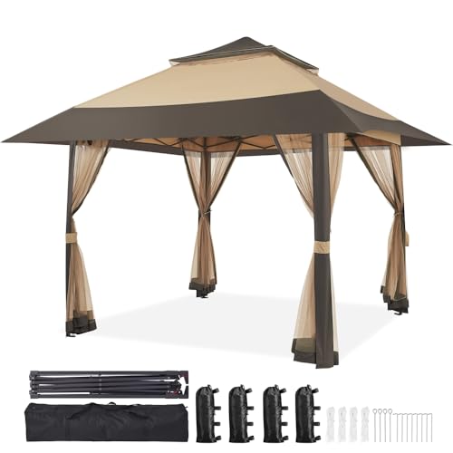 Yaheetech Tonnelle de Jardin avec Toiles Moustiquaires 4 × 4 m Gazebo Abri Soleil Tente Pliante Autoportante pour Patio Piscine Terrasse Fête