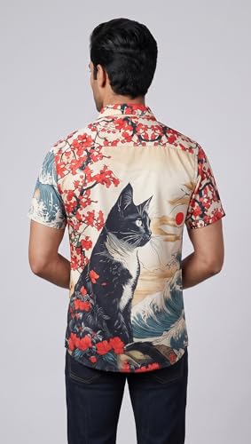 Image of Men's Watercolor Lion Print Button-Down Shirt, Short Sleeve, Casual Summer Wear, White