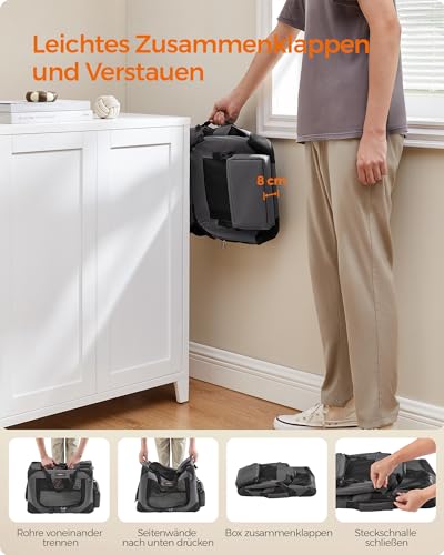 Feandrea Hundebox faltbar, Transportbox Hund, S, Hundetasche, Oxford-Gewebe, Netzstoff, atmungsaktiv tragbar transportabel, Metallrahmen, mit Griffen, Taschen, 50 x 35 x 35 cm, grau PDC50G01