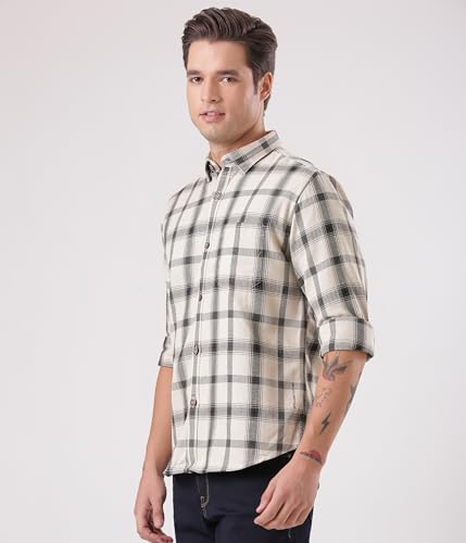 Image of TURMS Men's Casual Checks Shirts, Odor Control, Moisture Wicking, Button Down Collar, Cool Tech Cotton Fabric, Tailored Fit, Full Sleeve