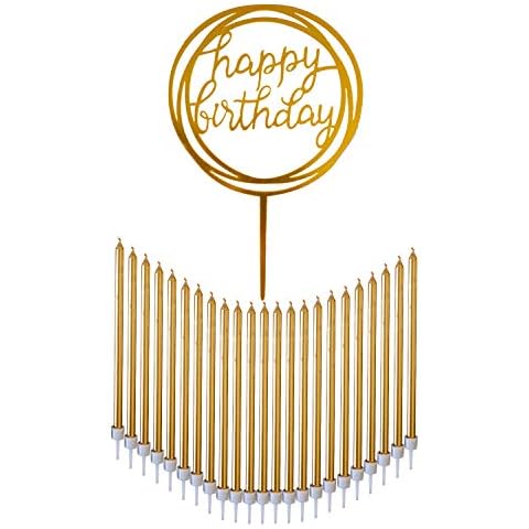 24 Count Tall Thin Metallic Gold Slow Burning Birthday Candles in Holders, and Matching Classy Cake Topper for Special Custom Birthday Cake Cupcake Candle Decorations by Dream VZN Cover
