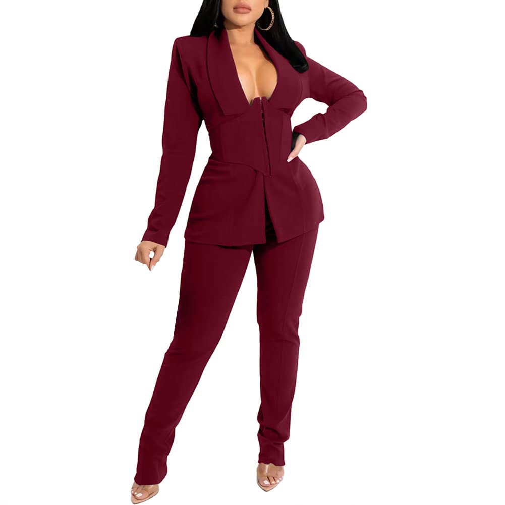 Womens Formal Casual Business Office Party Two-Piece Set Long Sleeve Slim Fit Jacket and High Waisted Pencil Pants