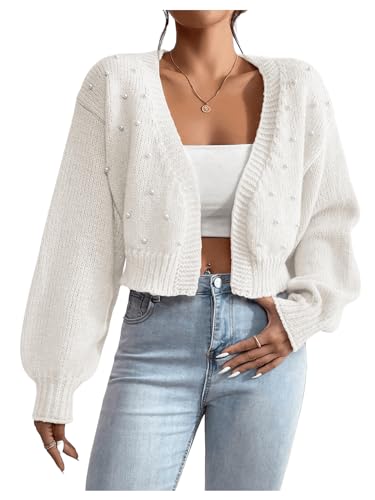 SHENHE Women's Pearl Beaded Open Front V Neck Drop Shoulder Cropped Cardigan Sweater