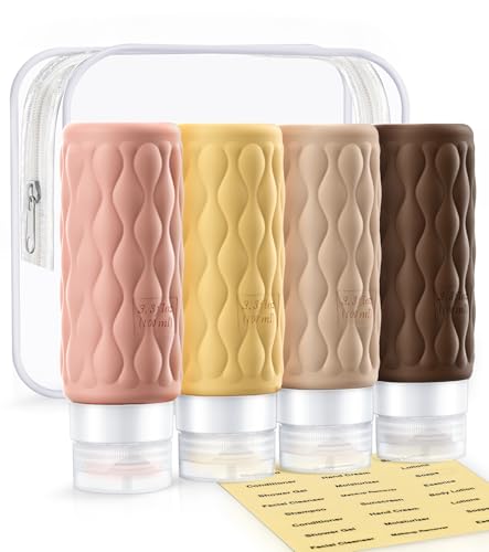 Colelulu Travel Bottles for Toiletries, 3.4 oz TSA Approved Silicone Travel Shampoo Bottles with Clear Toiletry Bag and Label, Travel Essentials for Shampoo and Conditioner, Cream
