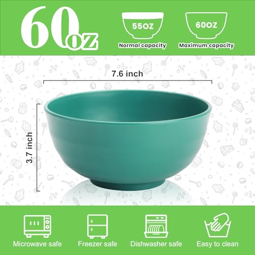 Image of 60 OZ Large Salad Bowls, Wheat Straw Camping Bowl Set of 6, Unbreakable Plastic Serving Bowls, Microwave & Dishwasher Safe Large Dinner Bowl for Kitchen & Outdoor, Green