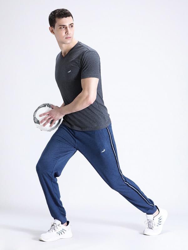 Image of CROCODILE Men Solid French Terry Joggers | Classic Fit | Mid Rise | Drawstring Closure | Ankle Length | Casual Wear Navy Melange
