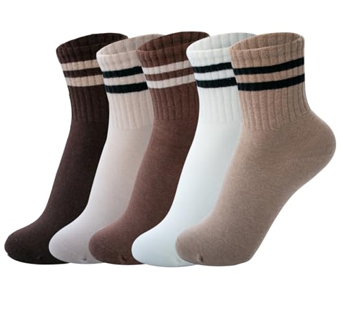 Deeorla Womens Striped Crew Socks Brown Vintage Retro Athletic Socks 5 Pairs4