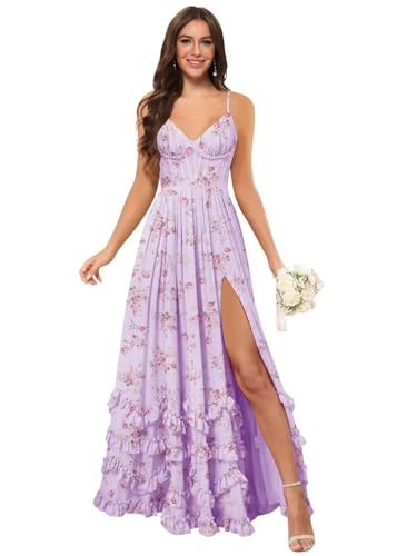 Women's Chiffon Bridesmaid Dresses with Slit 2025 Floral Printed Spaghetti Straps Formal Evening Dress DE496