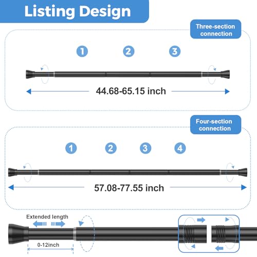 Image of Shower Curtain Rod 45-77 Inch Black Shower Tension Rod Adjustable Curtain Rod No Drilling Tension Curtain Shower Rods for Bathroom Windows