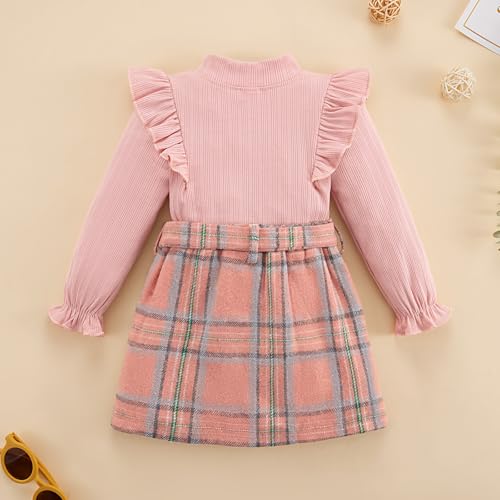 Image of Weixinbuy Toddler Girl Fall Winter Clothes Solid Long Sleeve Ribbed T-Shirt Knit Tops Plaid Button Mini Skirts Set Outfits