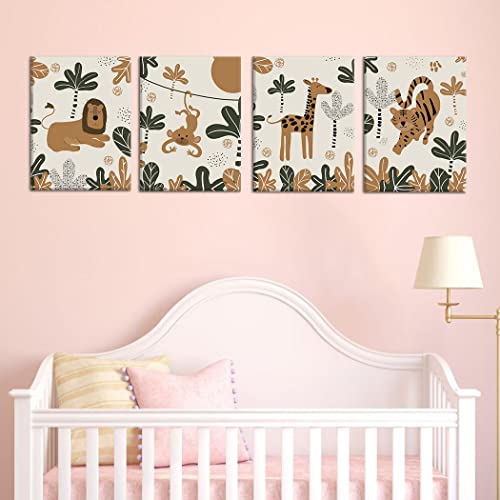 Hpniub Boho Jungle Nursery Wall Decor, Baby Animals Canvas Wall Art Print Set Of 4 Piece (12X16Inch,Framed) Safari Theme Shower Picture Gift For Classroom Or Kids Room Decor #TOP5