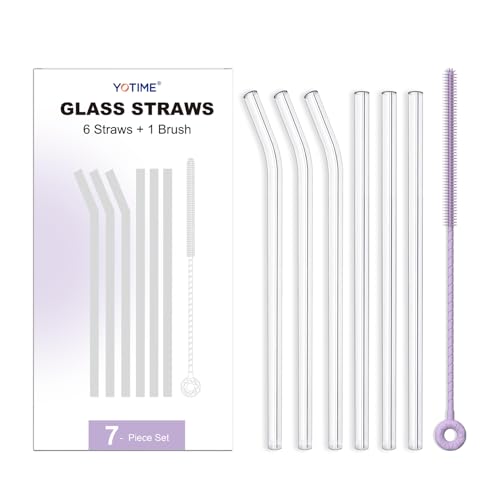YOTIME Reusable Glass Straws Set, 6 Pcs 8.5''x10mm Clear Glass Drinking Straws with Silicone Straw...