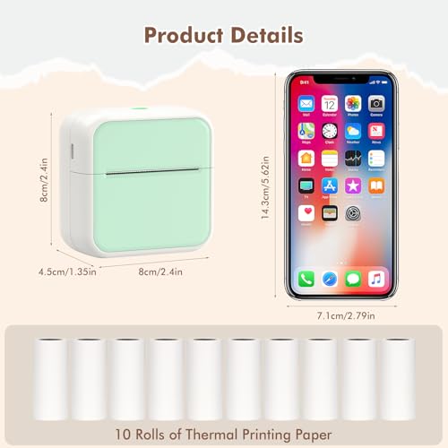 Image of Mini Pocket Printer for iPhone /Android, Portable Mini Sticker Printer with 10 Rolls Non-Sticky Thermal Papers, Blue-Tooth Thermal Label Maker for Journal Memo Notes Photo Study, Green