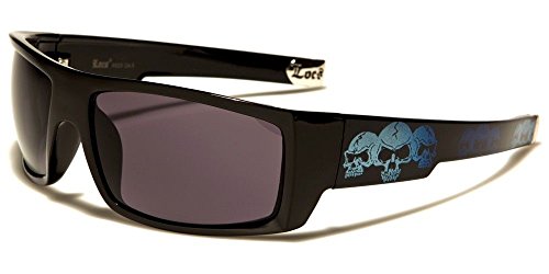 Locs Square Triple Skulls Wrap Around Sunglasses (Black & Blue Frame, Black)