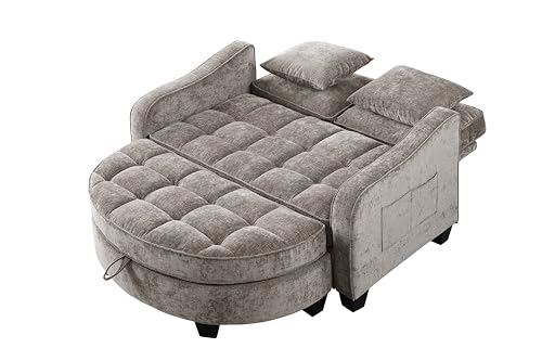 Image of ERYE Chenille Tufted Loveseat Sofa and Ottoman Set, Tufted Recliner Sleeper Chaise Lounge with Curved Storage Ottoman,Reclining Backrest and Side Pockets, 4 Pillows