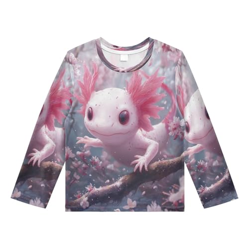 Cute Axolotl with Cherry Blossoms Boys Rash Guard Long Sleeve UPF 50+ Boys Swim Shirt Quick Dry Shirt for 3-12 Years