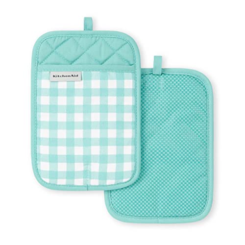 KitchenAid Gingham Pot Holder 2-Pack Set, Aqua Sky, 7"x10" - image 1