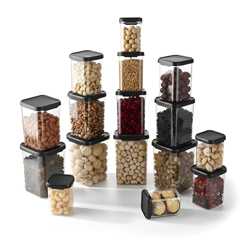 Image of Plastic Airtight Containers Set For Kitchen Storage And Containers Box For Pantry Organization And Container (4X350ml+4X650ml+4X950ml+4X1100, Black And Transparent) Set of 16