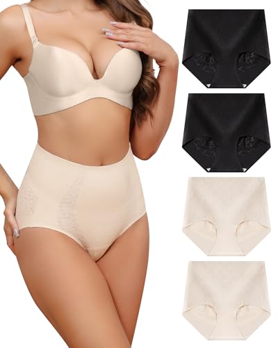 LEVAO Womens High Waisted Seamless Underwear Lace Stretch No Show Tummy Control Panties Full Coverage Briefs S-2XL