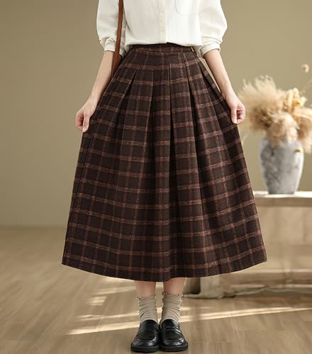 chouyatou Women's Retro Plaid Checkered Wool Skirt High Elastic Waist A-Line Pleated Midi Long Skirt4