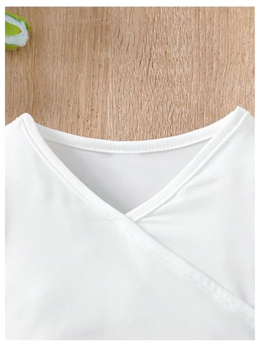 Image of BEAUDRM Girl's Long Bell Sleeve Shirt V Neck Flare Sleeve Tee Shirt Criss Cross Ruffle Crop Top White 5Y