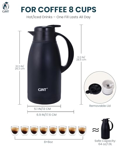 Image of GiNT Stainless Steel Thermal Coffee Carafe, Double Walled Vacuum Water and Beverage Dispenser, 12 Hour Heat Retention, 65 OZ /1.9 Liter Black