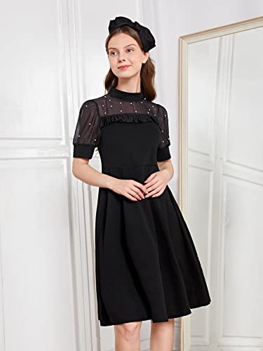 WDIRARA Girl's Dress for Summer Sheer Mesh Puff Short Sleeve Mock Neck Pearls Flared Dress3