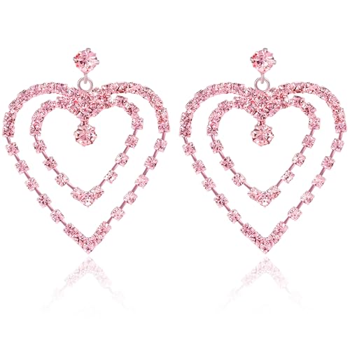 Pink Heart Earrings for Women Sparkly Hollow Double Heart Crystal Rhinestone Dangle Earrings Mothers Day Gifts for Mom(Light Pink)