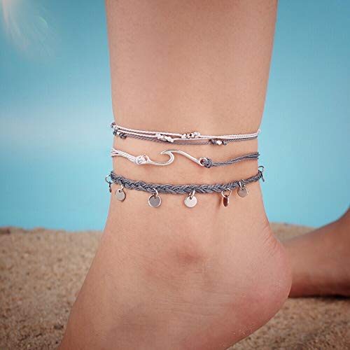 Image of Waterproof String Anklets Cute Beaded Ankle Bracelets Beach Wave Anklet Stainless Steel Coin Boho Ankle Jewelry for Women