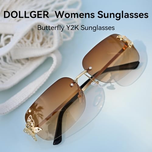 Dollger Rectangle Y2k Sunglasses for Women Fashion Rimless 2000s Square Brown Sun Glasses Butterfly 90s Cool Shades3