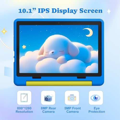 Laptok Kinder Tablet 10 Zoll, Android Tablet für Kinder mit 8 GB RAM+64GB ROM(TF 1TB), Octa Core, Wi-Fi 6G, Widevine L1, 5000mAh, Type-C, Sturzsicherer Schutzhülle Blau