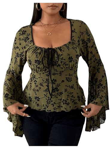 SweatyRocks Women's Plus Size Ruched Long Sleeve Mesh Top Floral Bell Sleeve Going Out Shirt