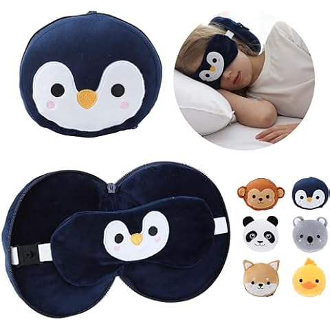 ecoZen Lifestyle Travel Pillow Set with Eye Mask - Comfort for Traveling Kids - Soft and Supportive Neck Pillow, Perfect for Plane, Car, or Train Journeys - Penguin Design Cover