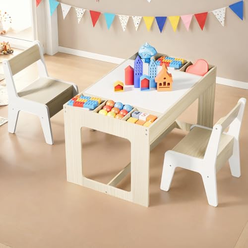 Arlopu Kids Table and Chair Set, 3 in 1 Wooden Activity Desk w/Blackboard, Storage Space, 2 in 1 Removable Tabletop, Toddler Drawing, Reading, Playing, Art Craft, for Nursery, Playroom (Natural)