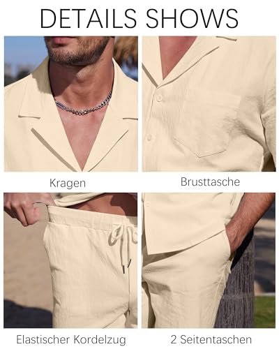 YAOHUOLE Herren 2 Stück Baumwolle Leinen Set Leinen Hemd Und Hose Herren Kurz Khaki 3XL