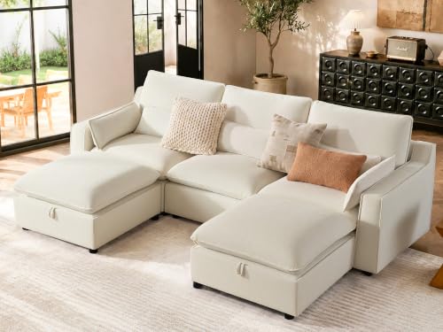 Image of WorthFurni Modern Modular Sectional Sofa,103 inch U Shape Minimalist Couch with Storage Ottoman,Comfty 4 Seat Sofa for Living Room,Beige Chenille