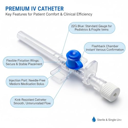 Image of Fidelis Healthcare IV Cannula with Injection Port & Wings | Sterile Disposable IV Catheter | Latex-Free Smooth Flow Intravenous Cannula for Hospital, ICU & Clinical Use