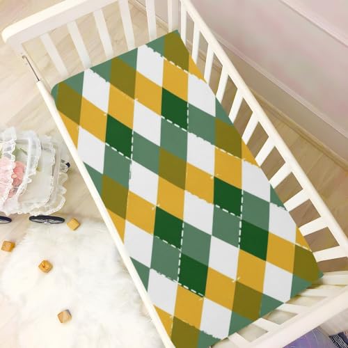 Image of Crib Sheet Breathable Soft Crib Mattress Sheet for Baby Toddler Boys Girls Fitted Crib Sheet Fit Standard Crib Mattress 39 x 27 Inch Yellow Green Argyle