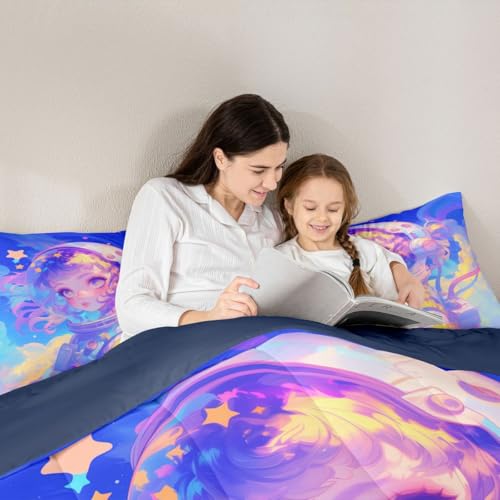 Image of Erosebridal Watercolor Anime Girl Bedding, 3D Anime Comforter Set Cosmo Galaxy Sci-Fi Virtual Reality Twin Bed Comforter Set for Boys Girls Graffti Stars Print Duvet Insert, 1 Comforter 1 Pillowcase