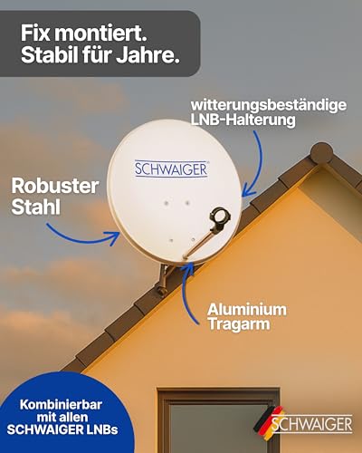 SCHWAIGER Satellitenschüssel Komplettset - Ø 60 cm Stahl Offset Antenne in Hellgrau - Inkl....