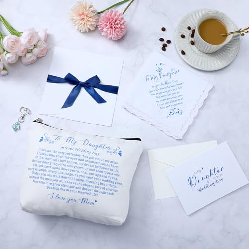 6 Pcs Wedding Gift to Daughter from Mother Include Embroidered Handkerchief Bride Angel Charms Card Makeup Bag Petal Envelope Blank Envelope for Wedding Day Bridal Shower Keepsake4