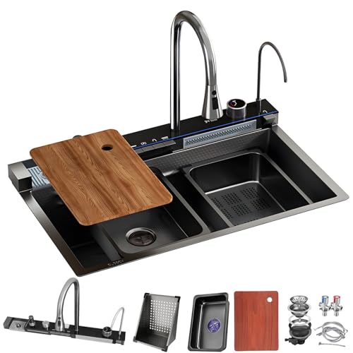 Black Stainless Steel Kitchen Sink with Waterfall Faucet Nano-Coated Single Bowl LED Display Glass Rr Pull-Out Tap Large Capacity Includes Chopping Board