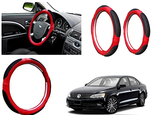 Image of Microfiber Car Steering Wheel Cover, Soft Padding Great Hand Feel, Anti-Slip, Faux Leather Steering Cover for Volkswagen Jetta Type2 | Black Red Jali - Pack of 1