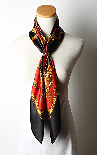 Corciova 2 Pcs 35 Inches Silk Feeling Red Paisley And Black Red Chains Belts Design Square Scarf Hair Scarves thumb #5