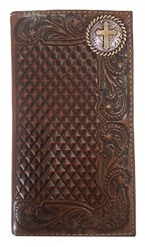 Custom Gold Cross Tan Floral Weave Long Top Grain Leather Rodeo Wallet