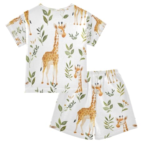 senya Short Sleeve Pajamas Sets Summer Cotton Sleepwear Brown Giraffe Leaves2