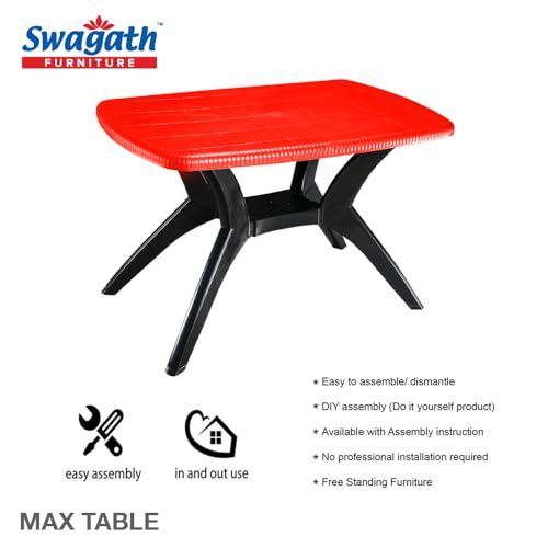 Image of Furniture MAX 4 Seater Plastic Cross Leg Dining Table with 4 Luxury Plastic Chairs Set - Red Top with Black Legs, DIY - for Home, Garden & Cafeteria