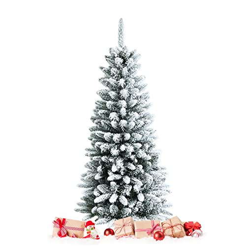 Happygrill 4.5FT Slim Snow Flocked Christmas Tree Hinged Pencil Xmas Tree with 373 Branch Tips, Metal Stand, Space-Saving Realistic Christmas Tree for Festival Celebration