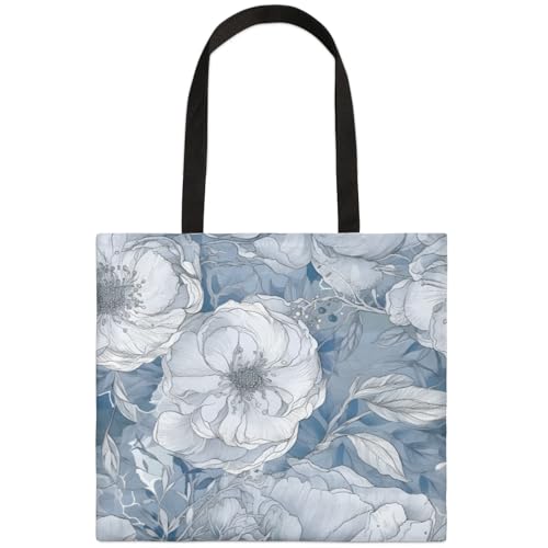 Mularoka Elegant Flower White Square Canvas Tote Bag Top Handle Purses Stylish Women Canvas Shoulder Tote Bags Reusable Handbags for Work Travel Picnic Beach Shopping Gym Hiking